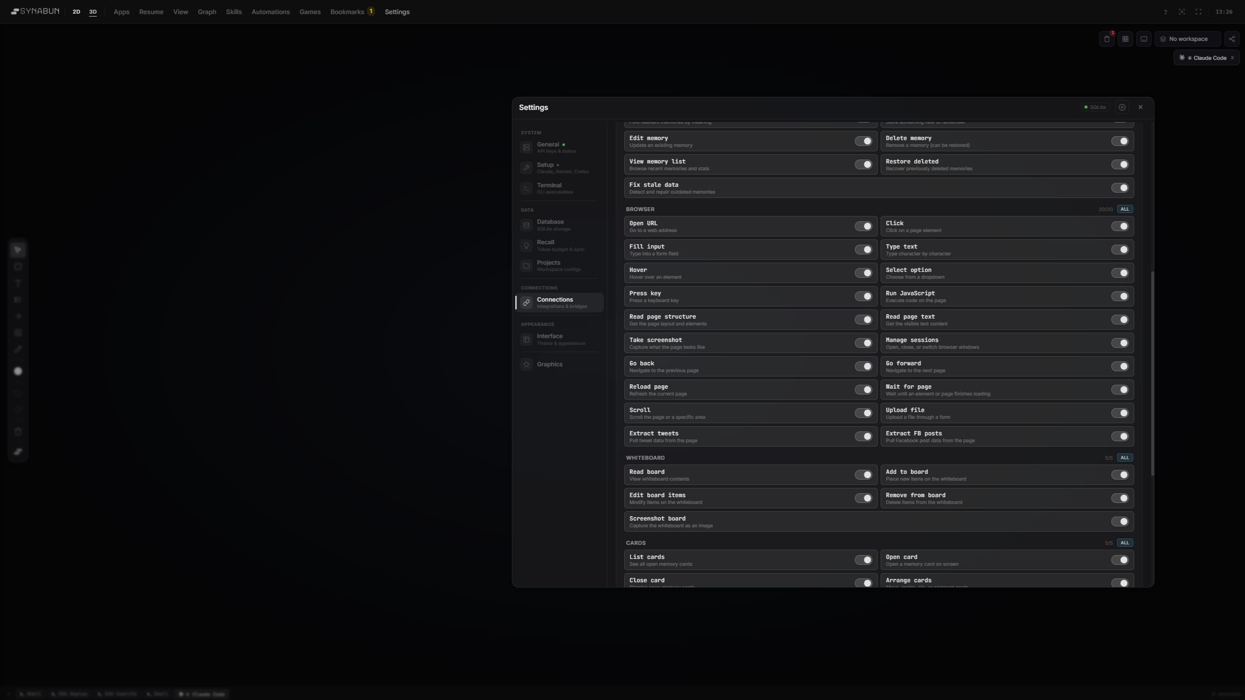 SynApp Settings — granular toggle controls for every tool, read instantly by Claude