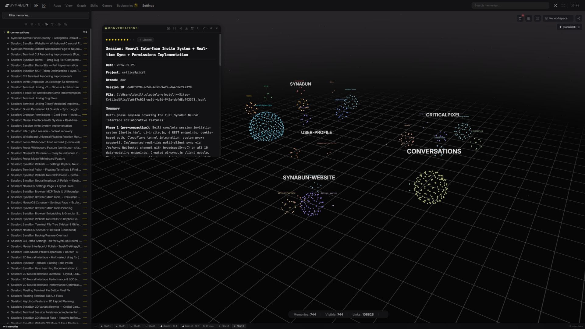 Full NeuralOS interface — 654 memories, 75,412 links, everything connected